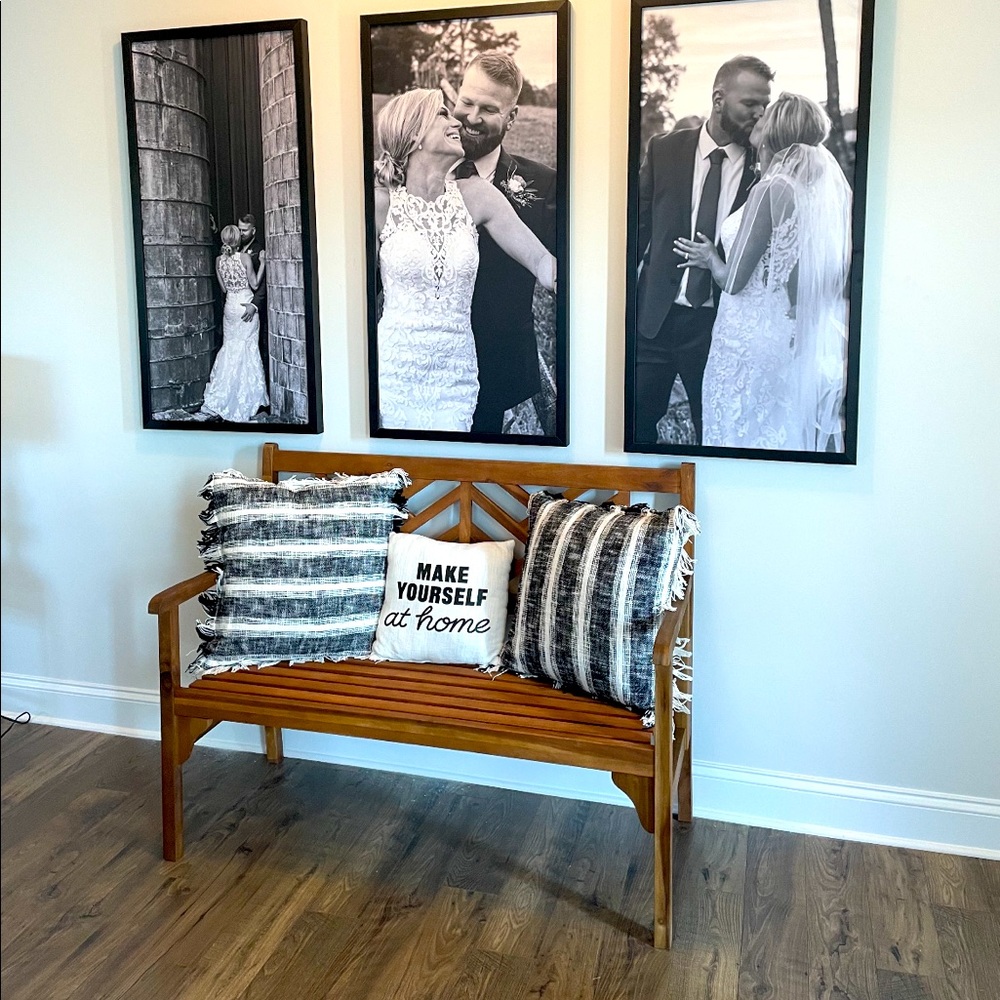 Brand new wood outdoor bench still with tags.